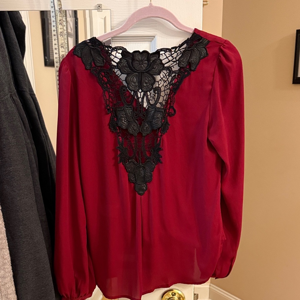 VENUS Deep Red Blouse with Black Lace Accent - Picture 6 of 6